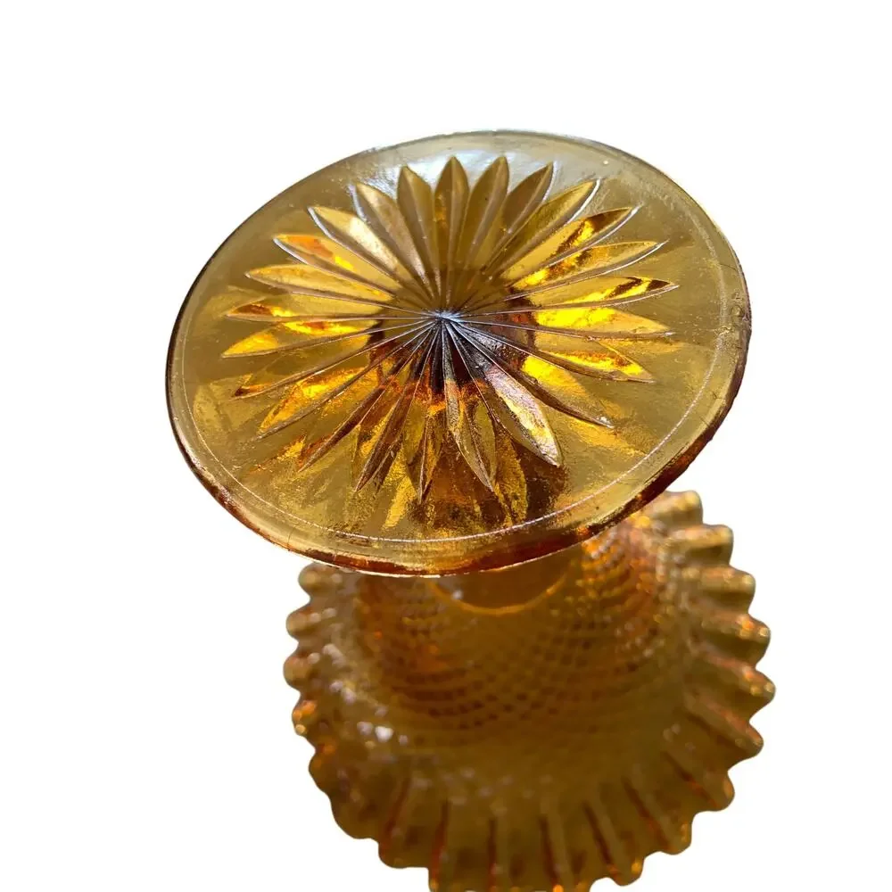Vintage Amber Glass Ruffle Diamond Pattern Compote Stemmed Candy Dish